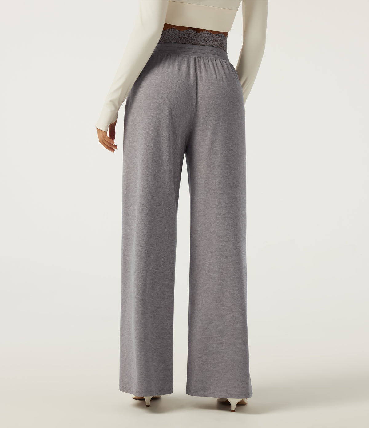 Low Rise Wide Leg Darwstring Contrast Lace Casual Sweatpants with Pockets — Mottled Earth Gray — view 2