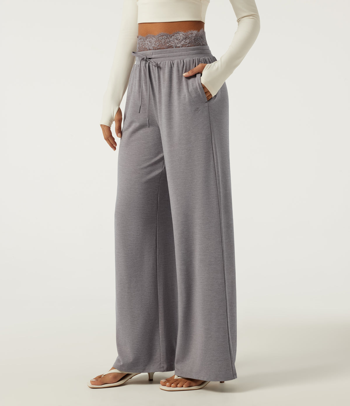 Low Rise Wide Leg Darwstring Contrast Lace Casual Sweatpants with Pockets — Mottled Earth Gray — view 3