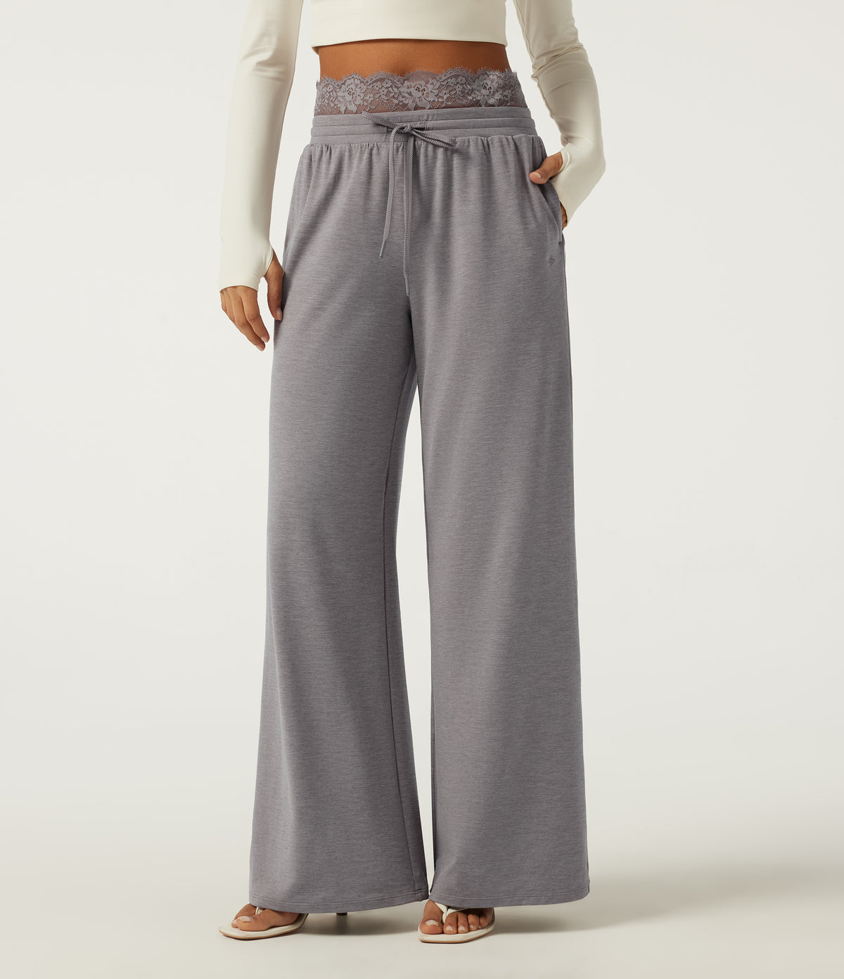 Low Rise Wide Leg Darwstring Contrast Lace Casual Sweatpants with Pockets — Mottled Earth Gray — view 1