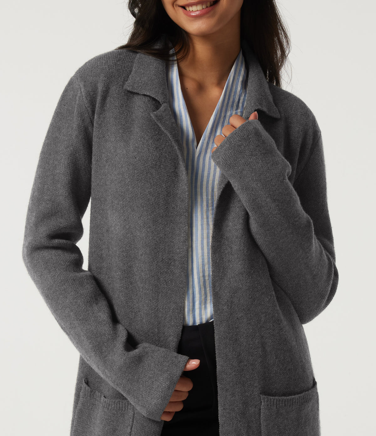 Long Sleeve Longline Work Cardigan with Pockets — Charcoal Gray — view 4