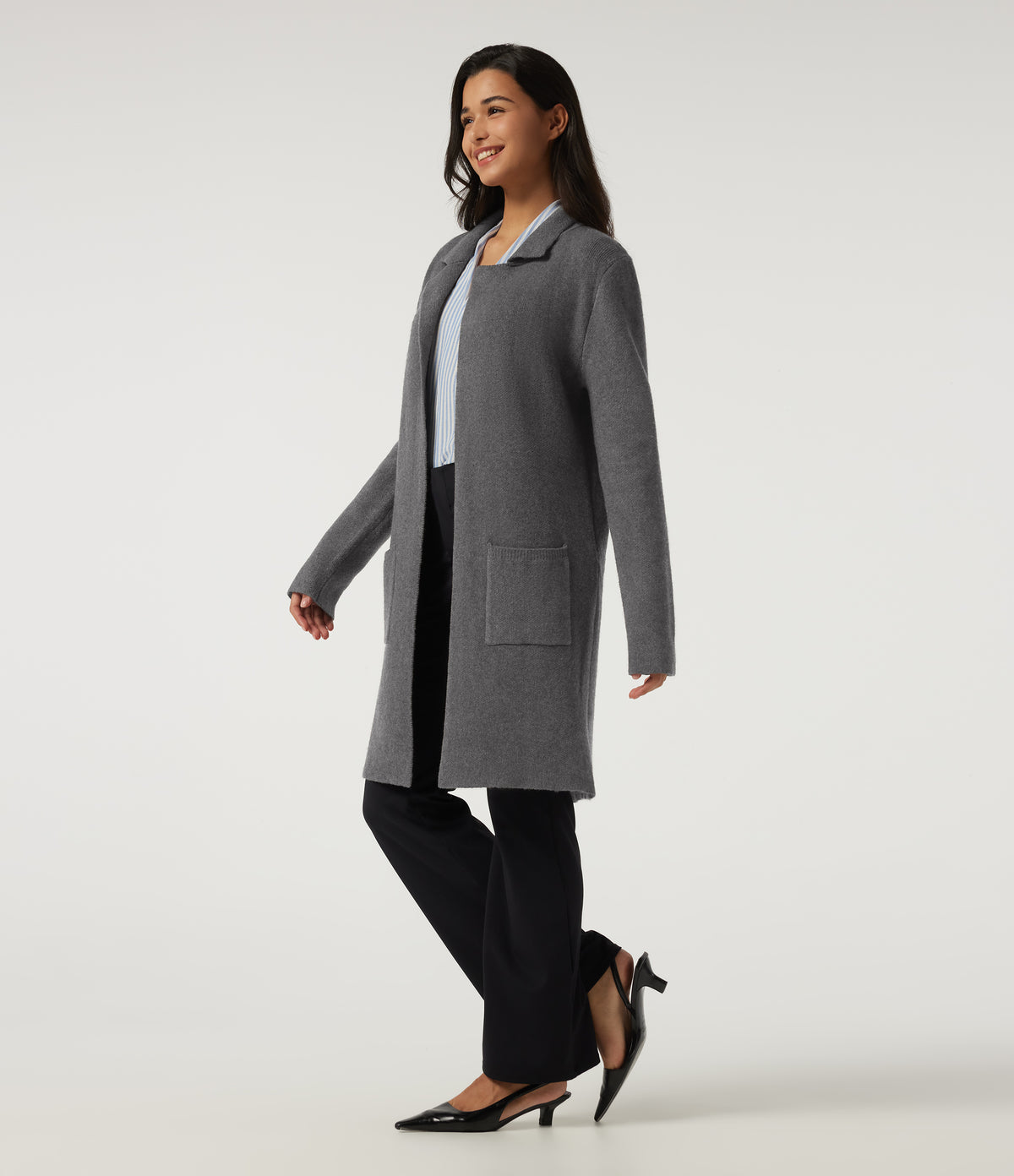 Long Sleeve Longline Work Cardigan with Pockets — Charcoal Gray — view 3