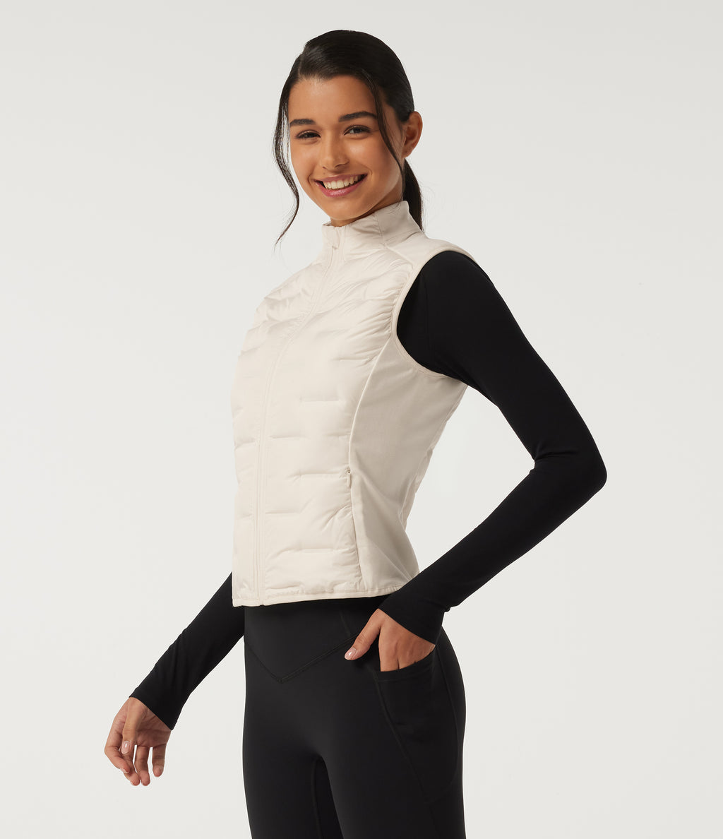 High Neck Sleeveless Quilted Casual Down Vest with Pockets — Egret — view 3