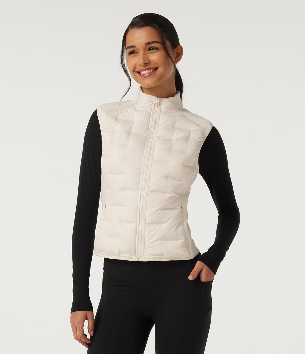 High Neck Sleeveless Quilted Casual Down Vest with Pockets — Egret — view 4