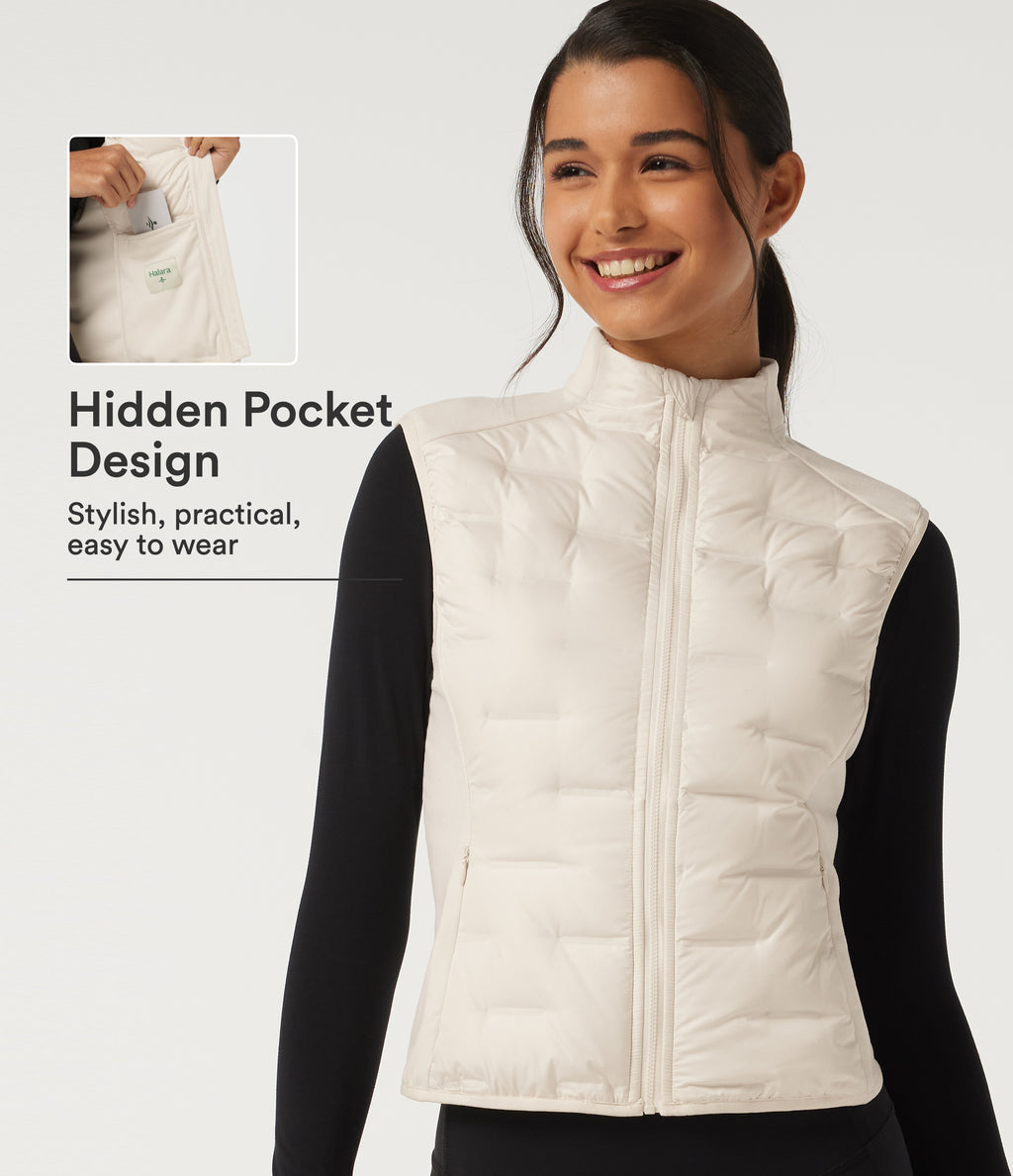 High Neck Sleeveless Quilted Casual Down Vest with Pockets — Egret — view 1