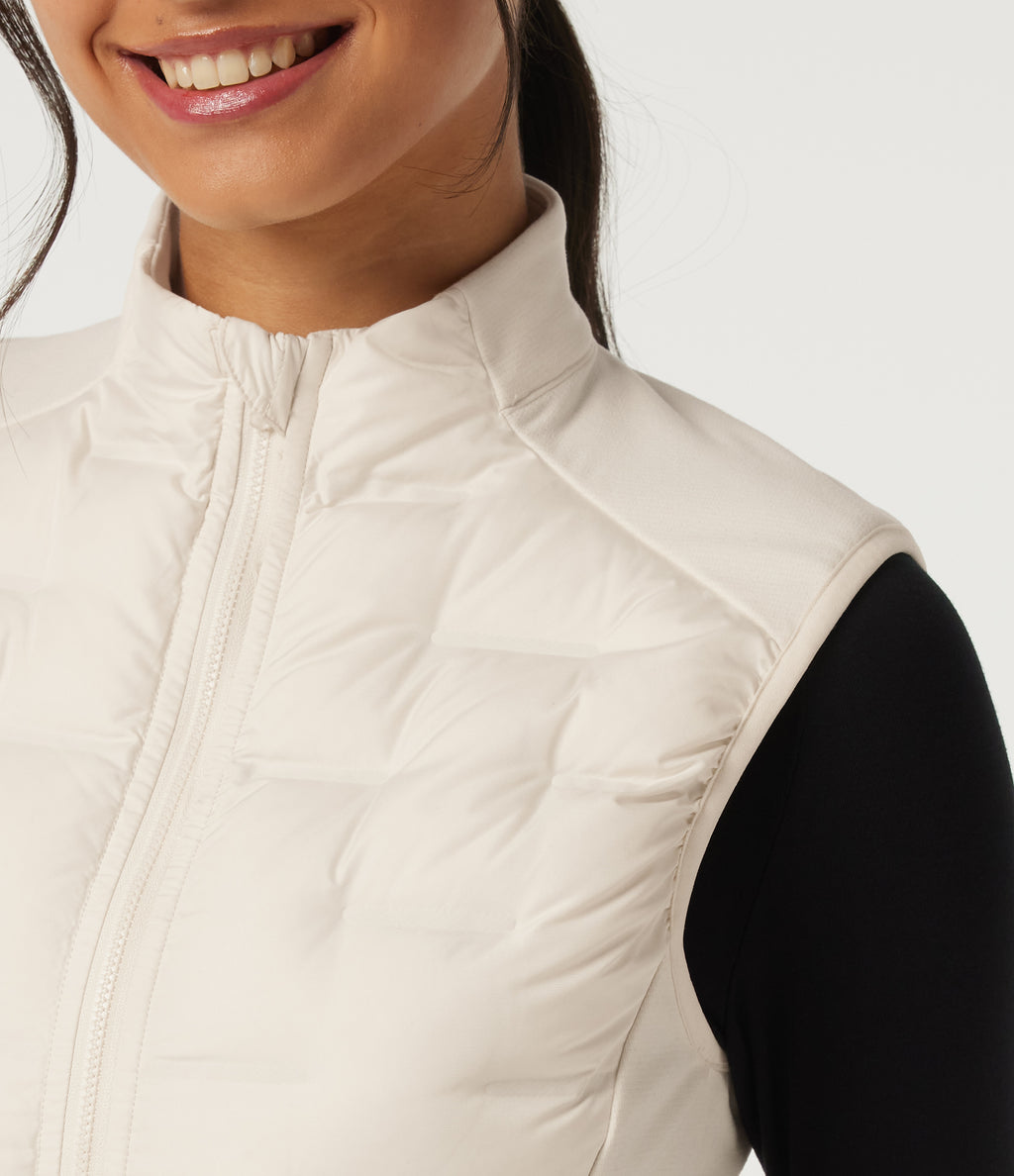 High Neck Sleeveless Quilted Casual Down Vest with Pockets — Egret — view 6