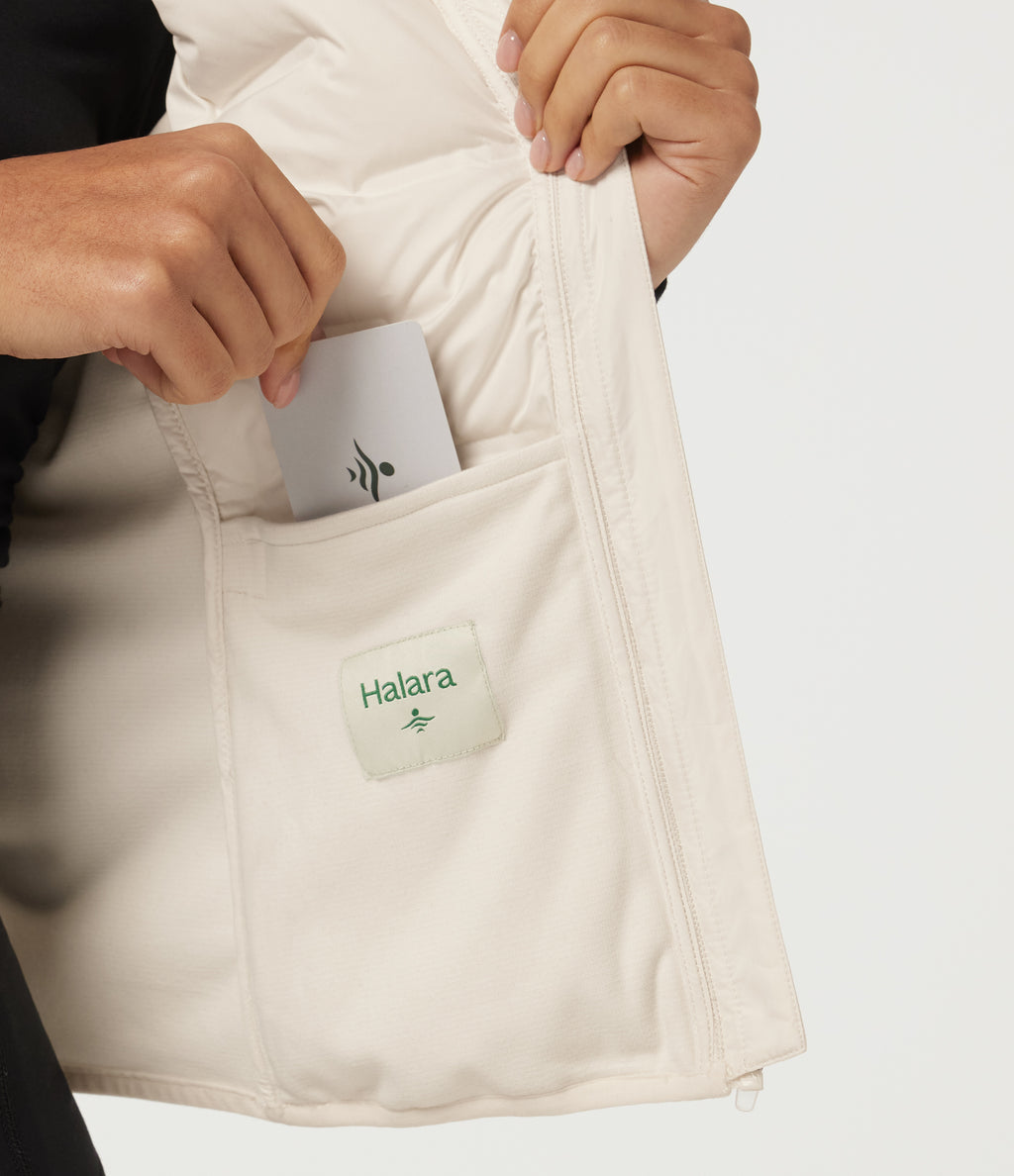 High Neck Sleeveless Quilted Casual Down Vest with Pockets — Egret — view 8