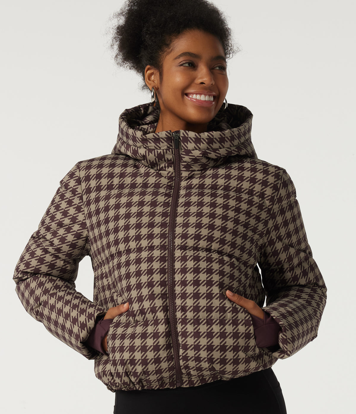 Removable Hood Long Sleeve Quilted Print Casual Down Jacket with Pockets — Plum Jam Check — view 1