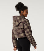 Removable Hood Long Sleeve Quilted Print Casual Down Jacket with Pockets — Plum Jam Check — view 2