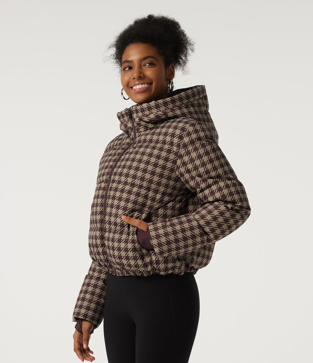 Removable Hood Long Sleeve Quilted Print Casual Down Jacket with Pockets — Plum Jam Check — view 3