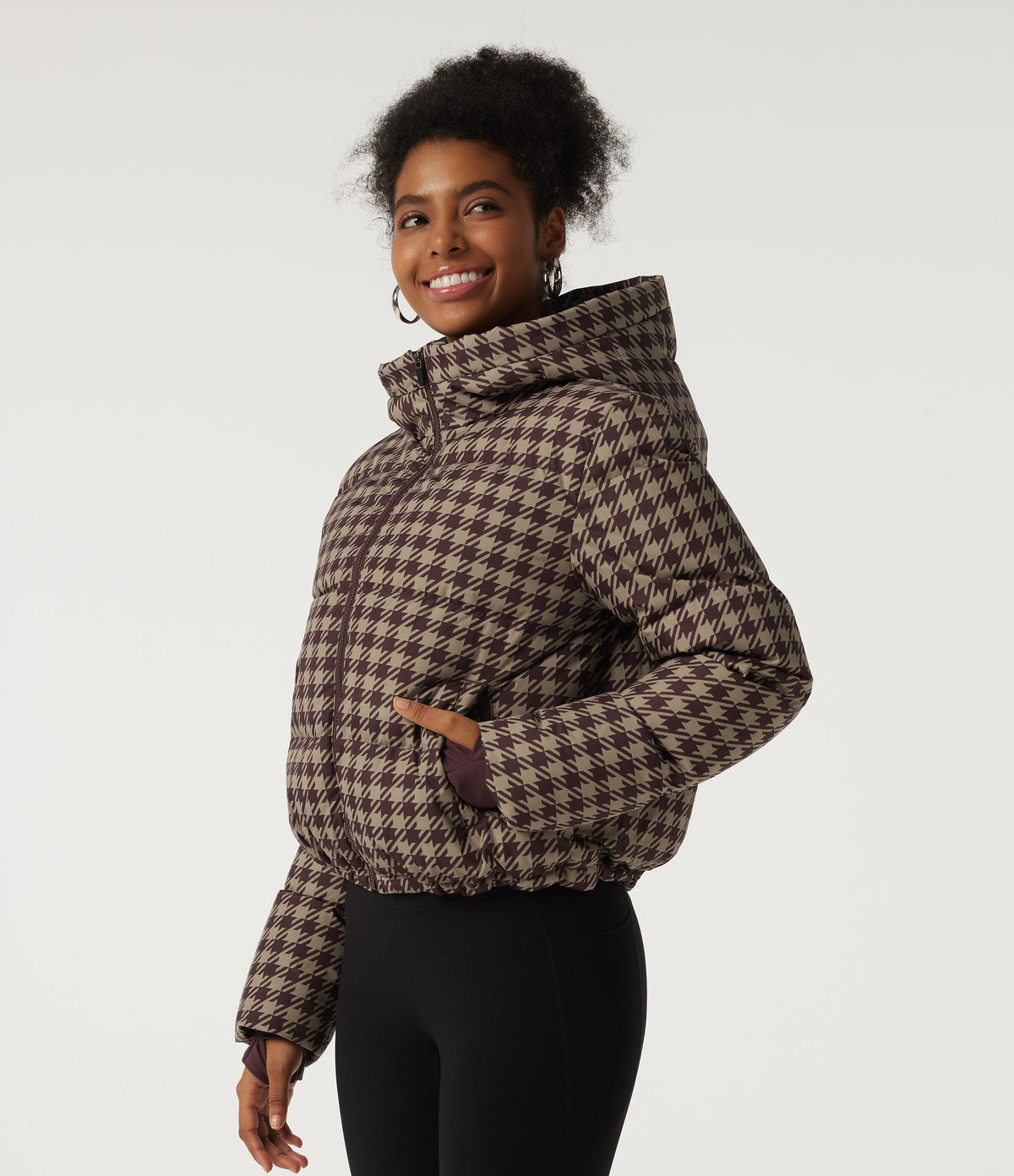 Removable Hood Long Sleeve Quilted Print Casual Down Jacket with Pockets — Plum Jam Check — view 3