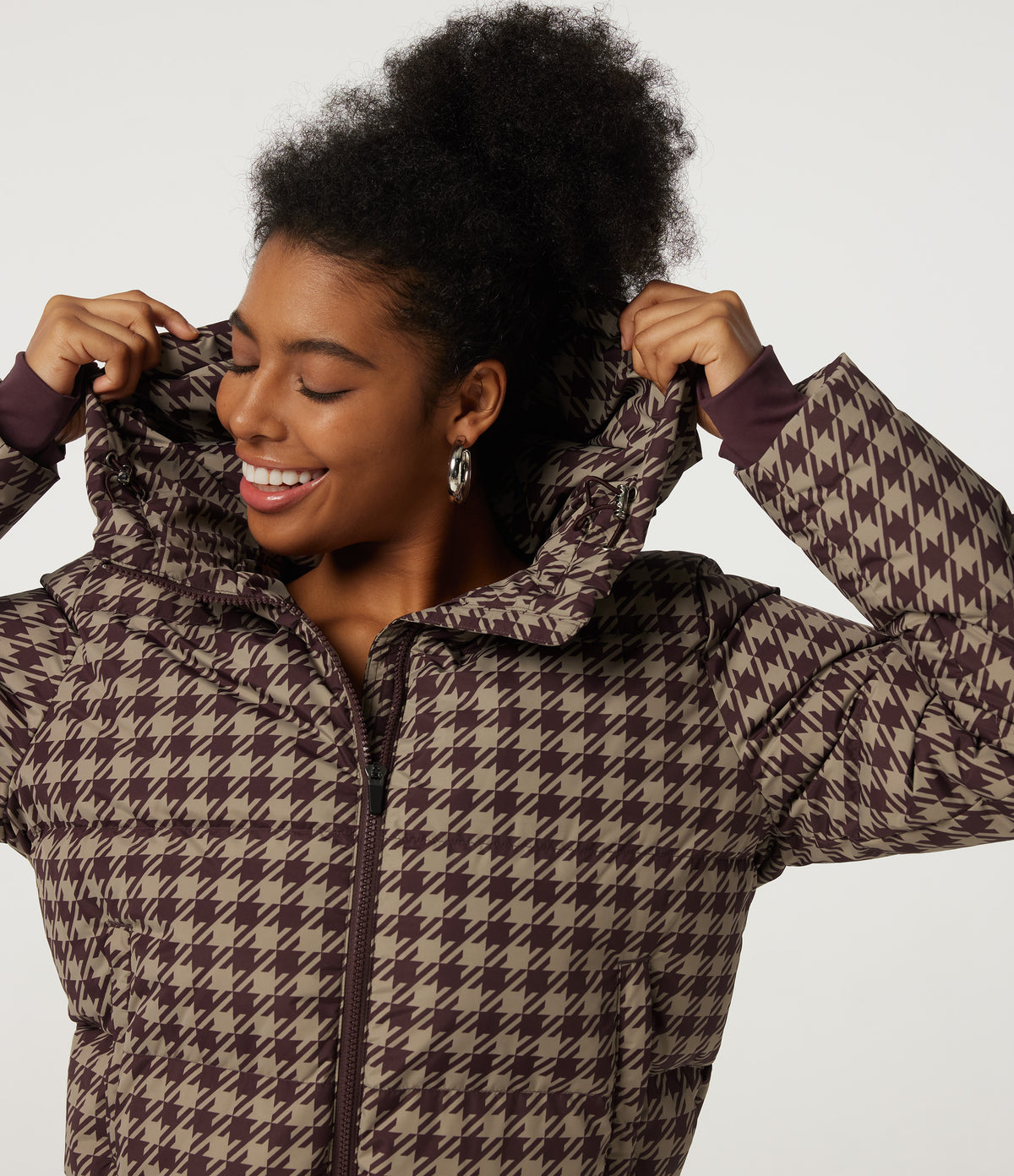 Removable Hood Long Sleeve Quilted Print Casual Down Jacket with Pockets — Plum Jam Check — view 5