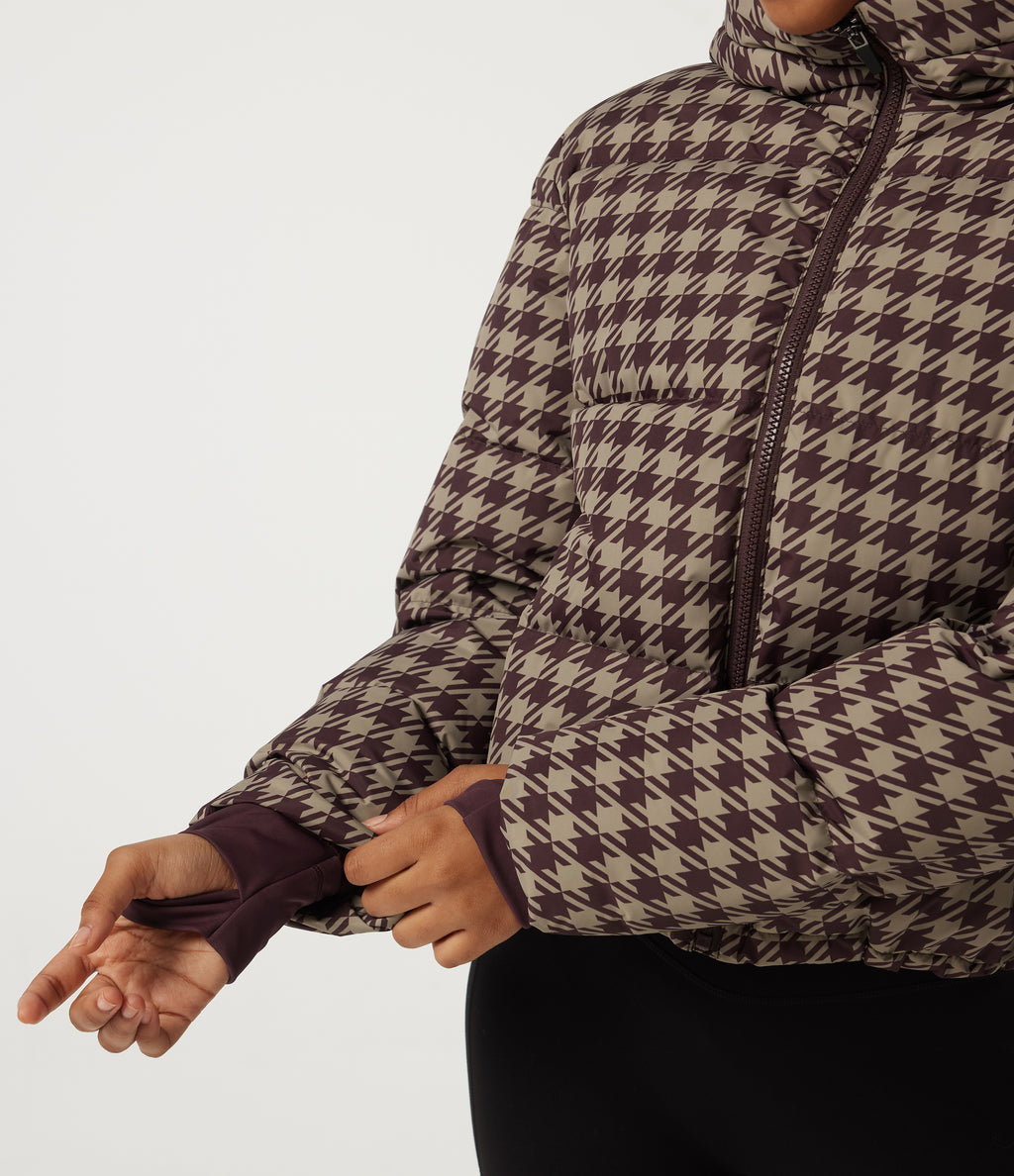 Removable Hood Long Sleeve Quilted Print Casual Down Jacket with Pockets — Plum Jam Check — view 6