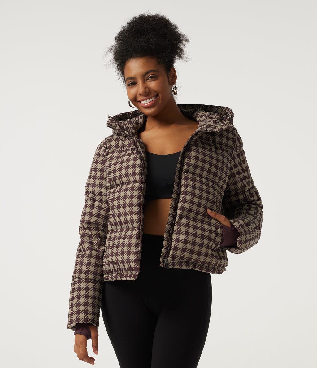 Removable Hood Long Sleeve Quilted Print Casual Down Jacket with Pockets — Plum Jam Check — view 4