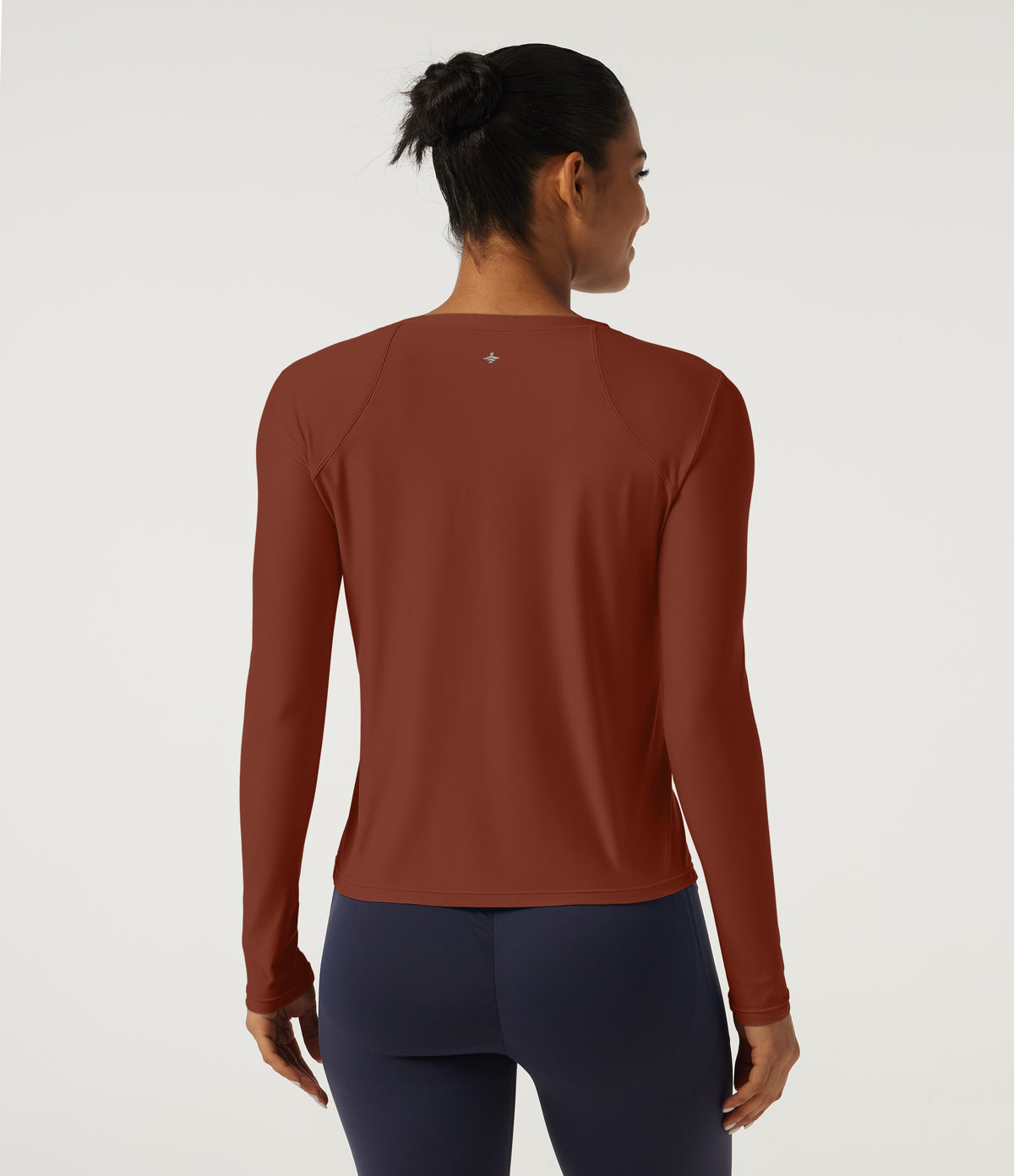 Round Neck Long Sleeve Yoga Top-UPF40+ — Red Ochre — view 2
