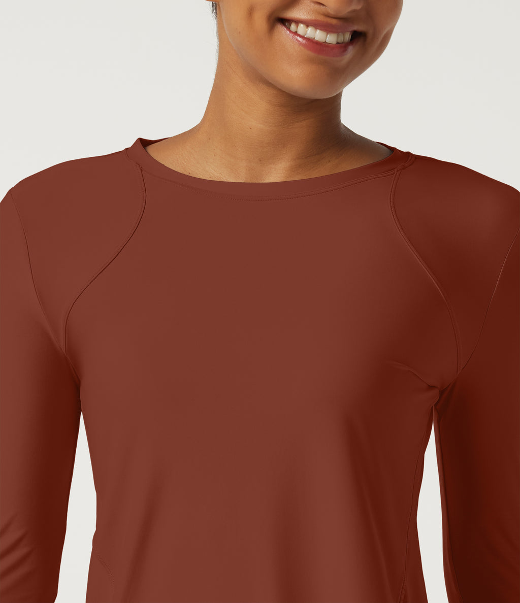 Round Neck Long Sleeve Yoga Top-UPF40+ — Red Ochre — view 6