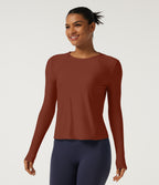 Round Neck Long Sleeve Yoga Top-UPF40+ — Red Ochre — view 3