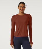 Round Neck Long Sleeve Yoga Top-UPF40+ — Red Ochre — view 4