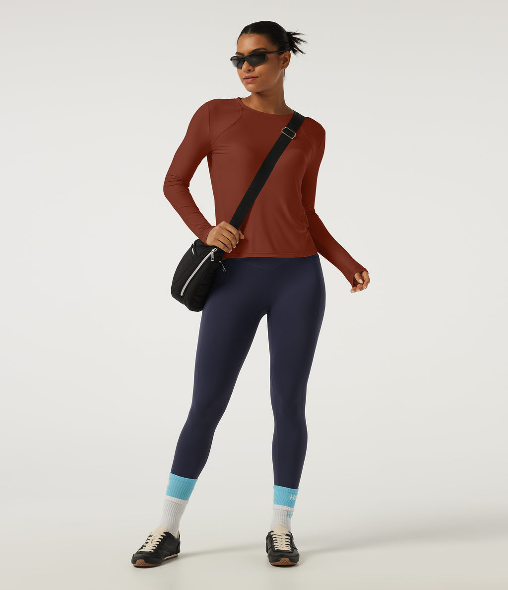 Round Neck Long Sleeve Yoga Top-UPF40+ — Red Ochre — view 7