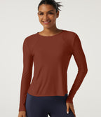 Round Neck Long Sleeve Yoga Top-UPF40+ — Red Ochre — view 1
