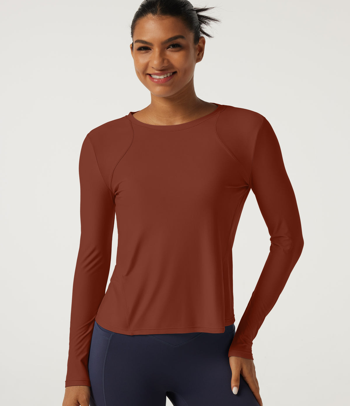 Round Neck Long Sleeve Yoga Top-UPF40+ — Red Ochre — view 1