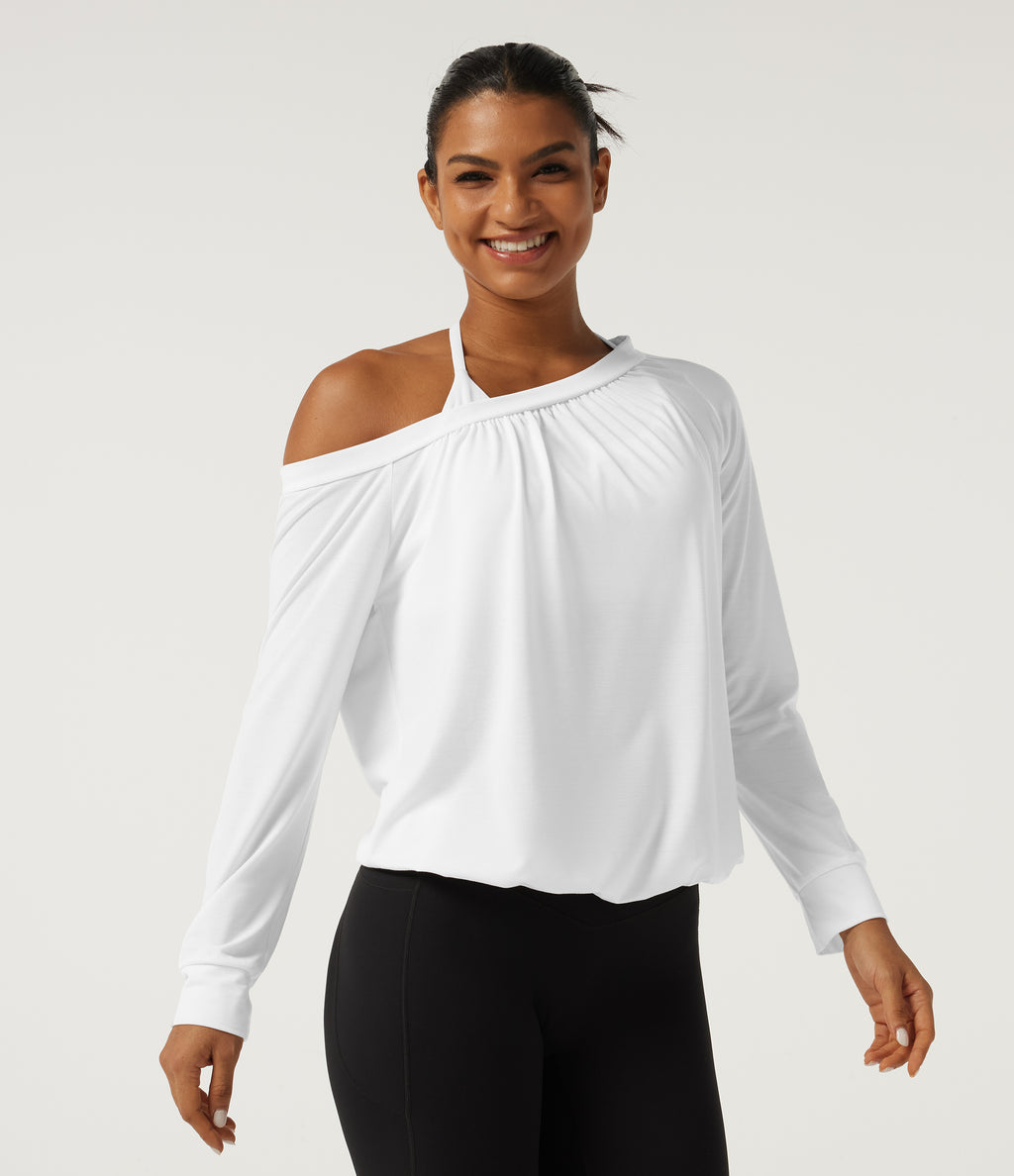 One Shoulder Long Sleeve Ruched Quick Dry Yoga Sports Top — White — view 3