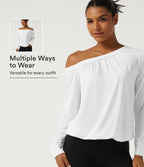 One Shoulder Long Sleeve Ruched Quick Dry Yoga Sports Top — White — view 1