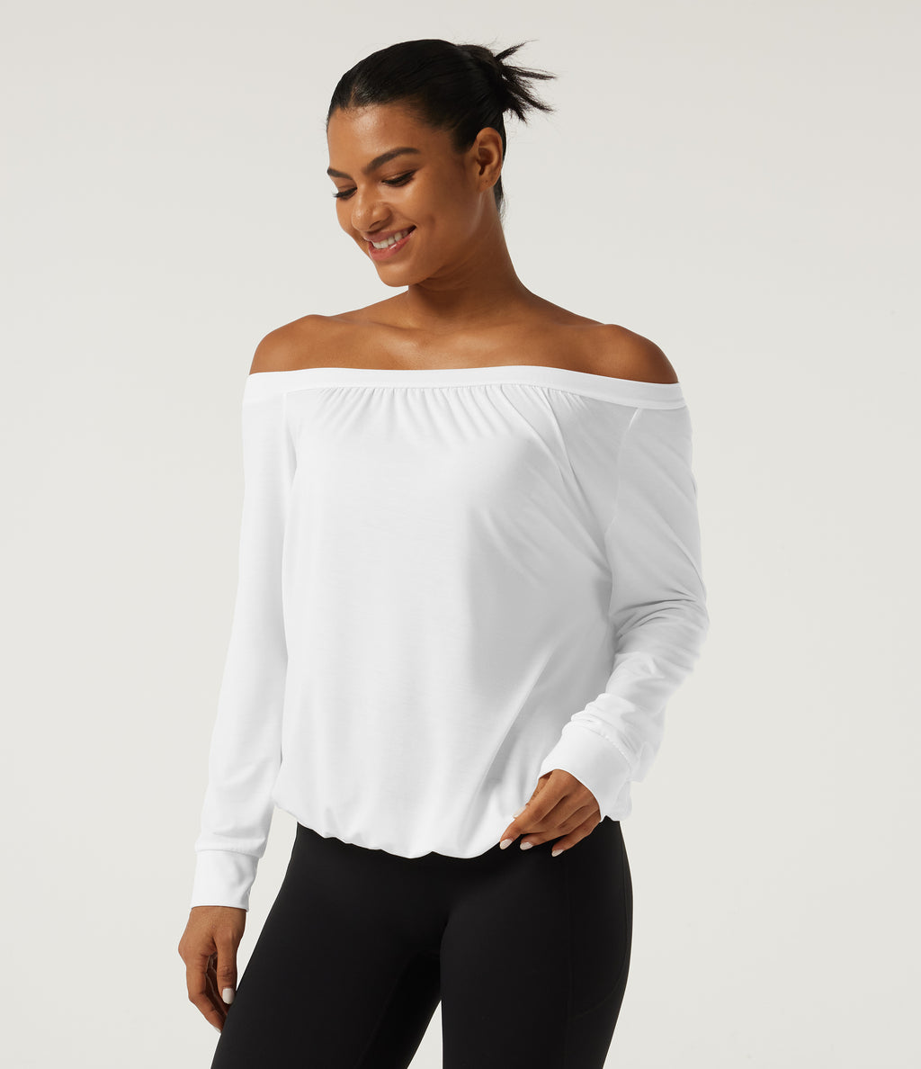 One Shoulder Long Sleeve Ruched Quick Dry Yoga Sports Top — White — view 4