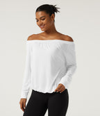 One Shoulder Long Sleeve Ruched Quick Dry Yoga Sports Top — White — view 4