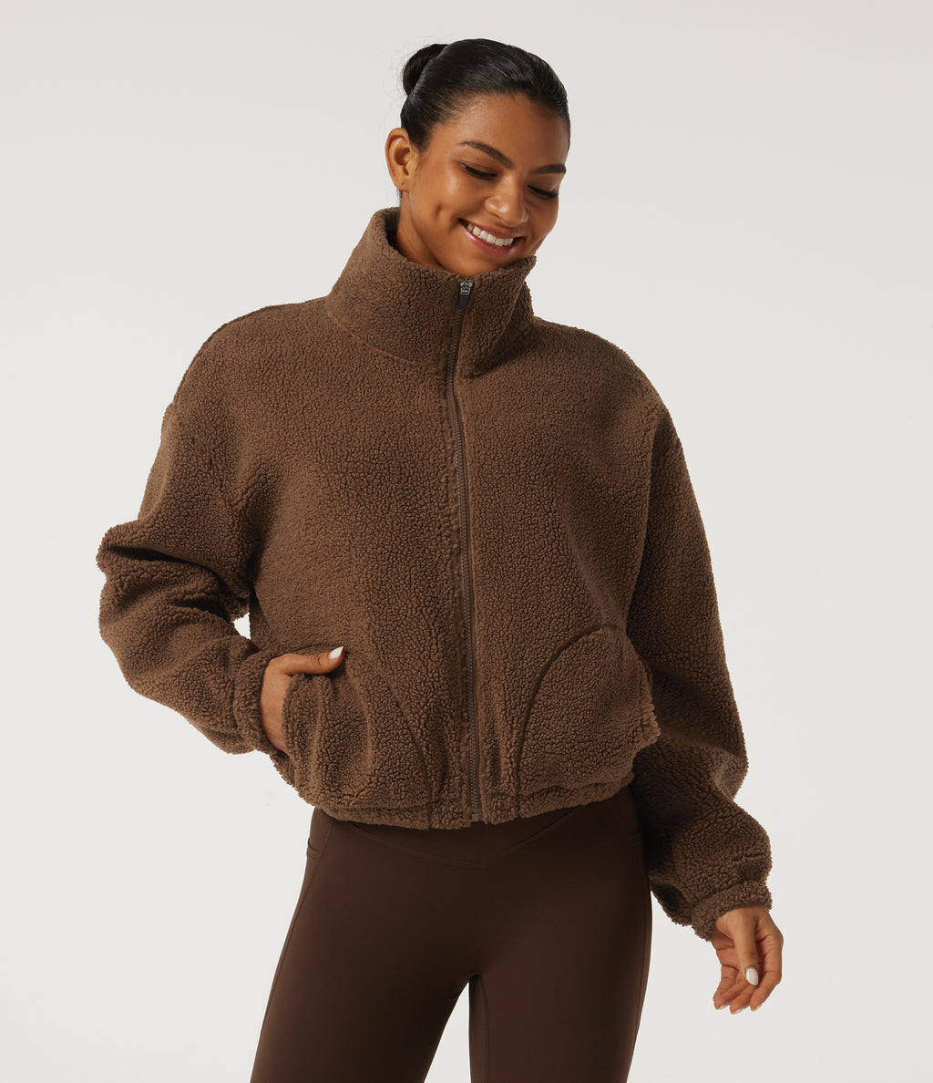 Turtleneck Long Sleeve Yoga Sherpa Jacket with Pockets — Thrush — view 1