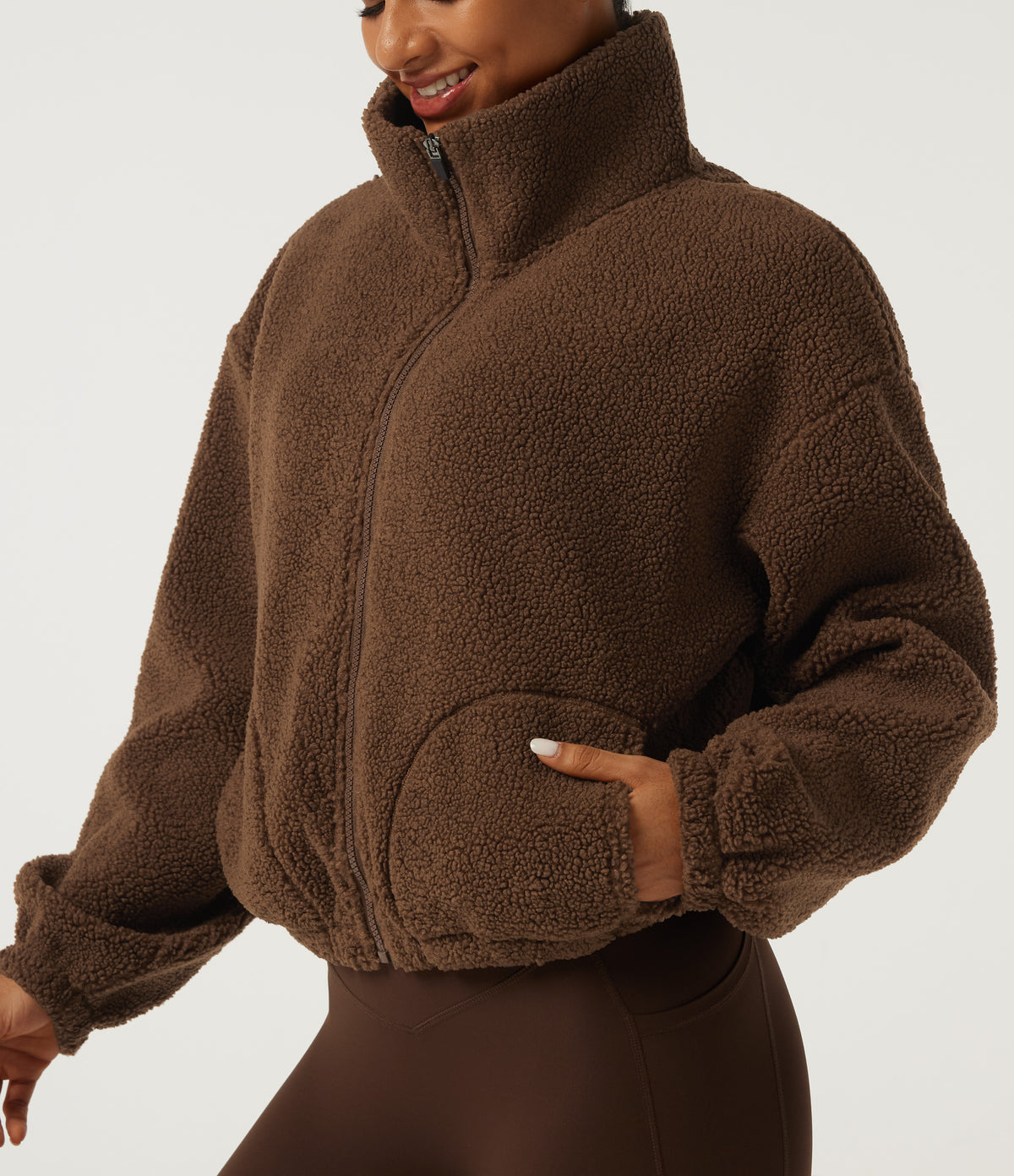 Turtleneck Long Sleeve Yoga Sherpa Jacket with Pockets — Thrush — view 5