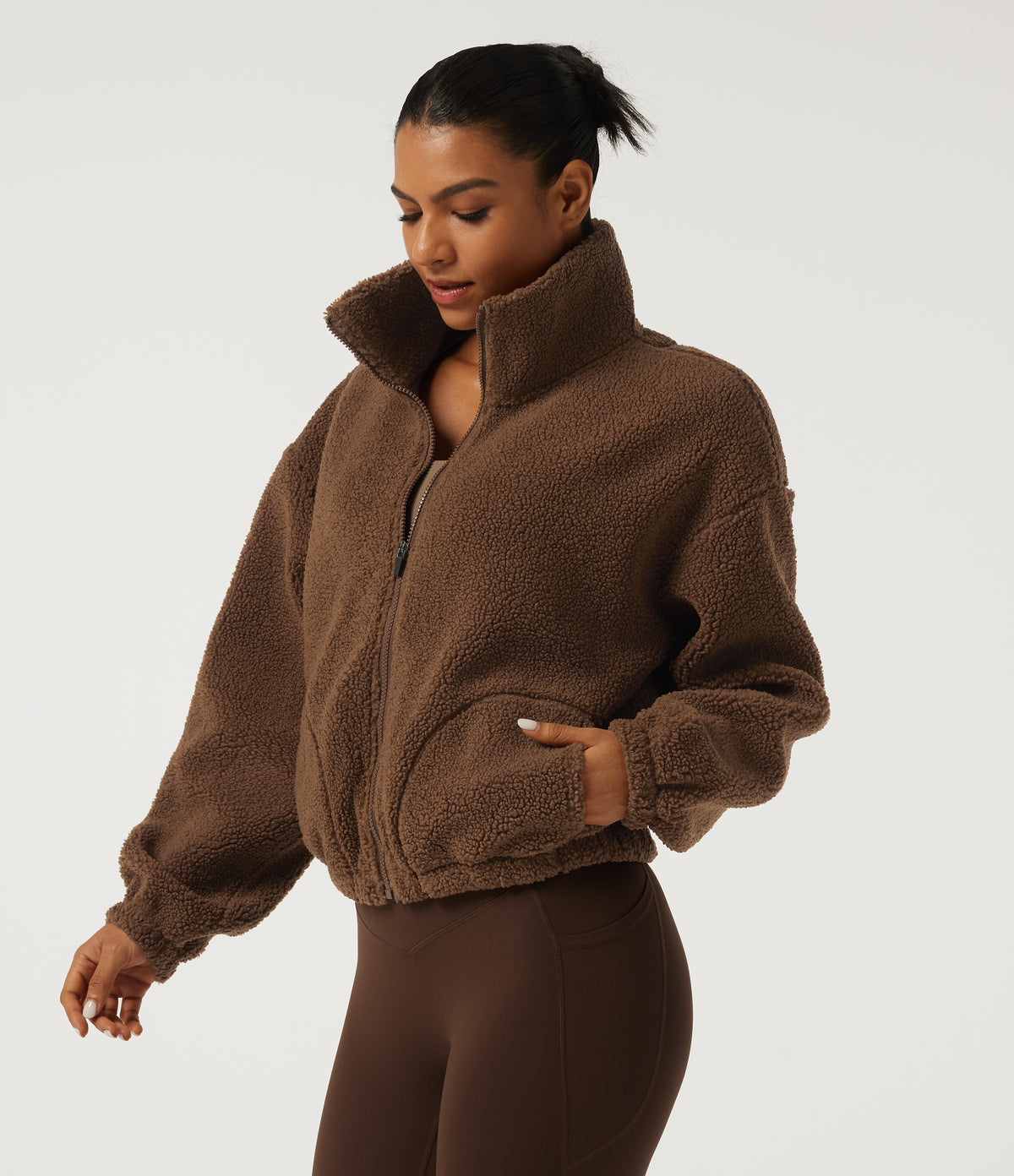 Turtleneck Long Sleeve Yoga Sherpa Jacket with Pockets — Thrush — view 3