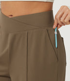 High Waisted Crossover Pintuck Wide Leg Quick Dry Golf Trousers with Pockets-Golf Tee-UPF40+ — Shitake — view 6