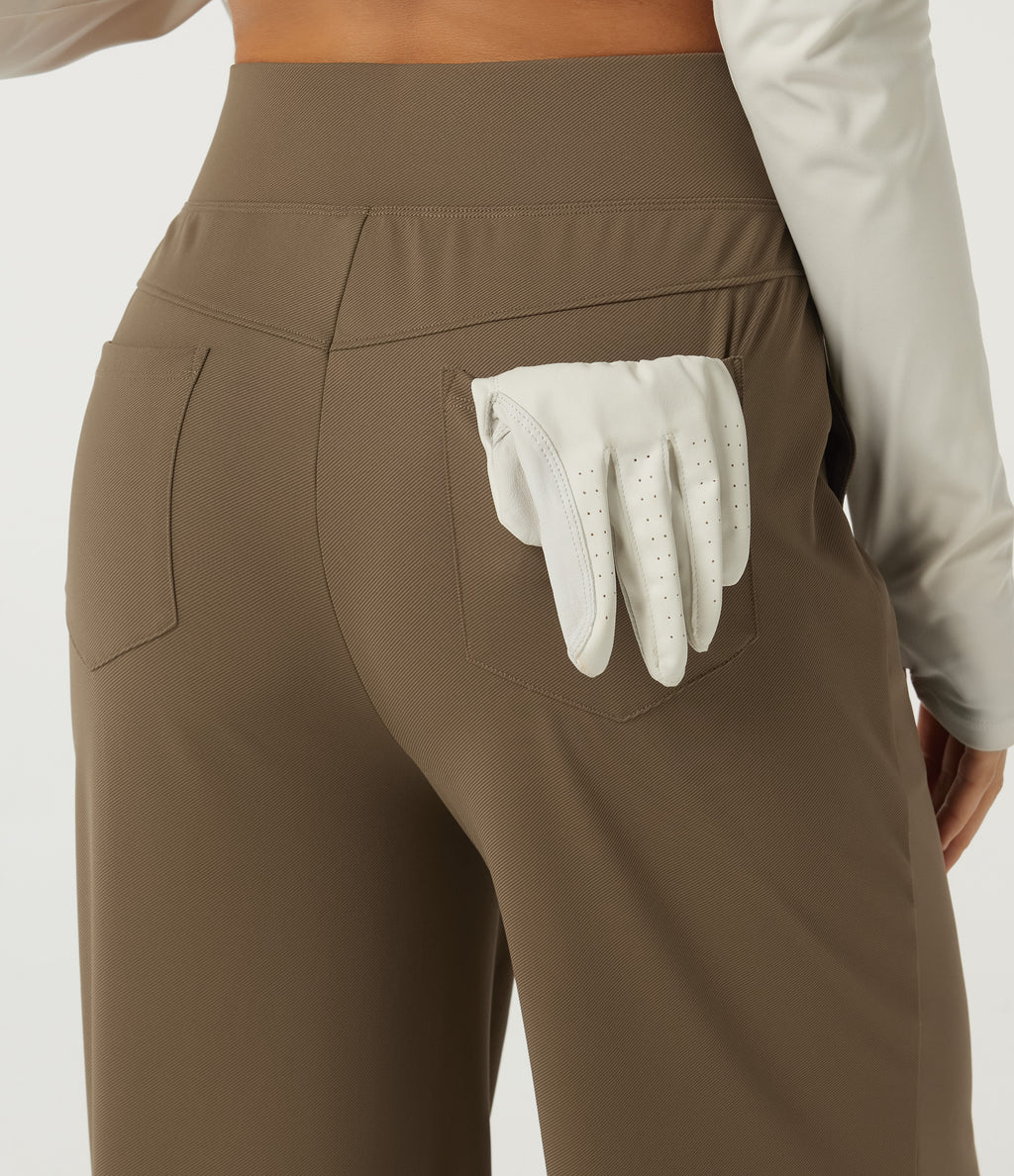 High Waisted Crossover Pintuck Wide Leg Quick Dry Golf Trousers with Pockets-Golf Tee-UPF40+ — Shitake — view 4