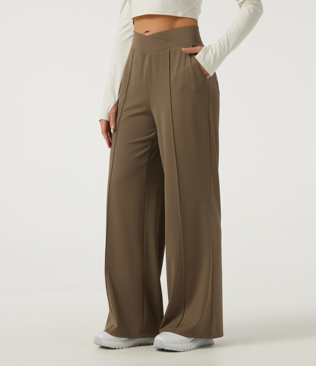 High Waisted Crossover Pintuck Wide Leg Quick Dry Golf Trousers with Pockets-Golf Tee-UPF40+ — Shitake — view 3