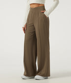 High Waisted Crossover Pintuck Wide Leg Quick Dry Golf Trousers with Pockets-Golf Tee-UPF40+ — Shitake — view 3