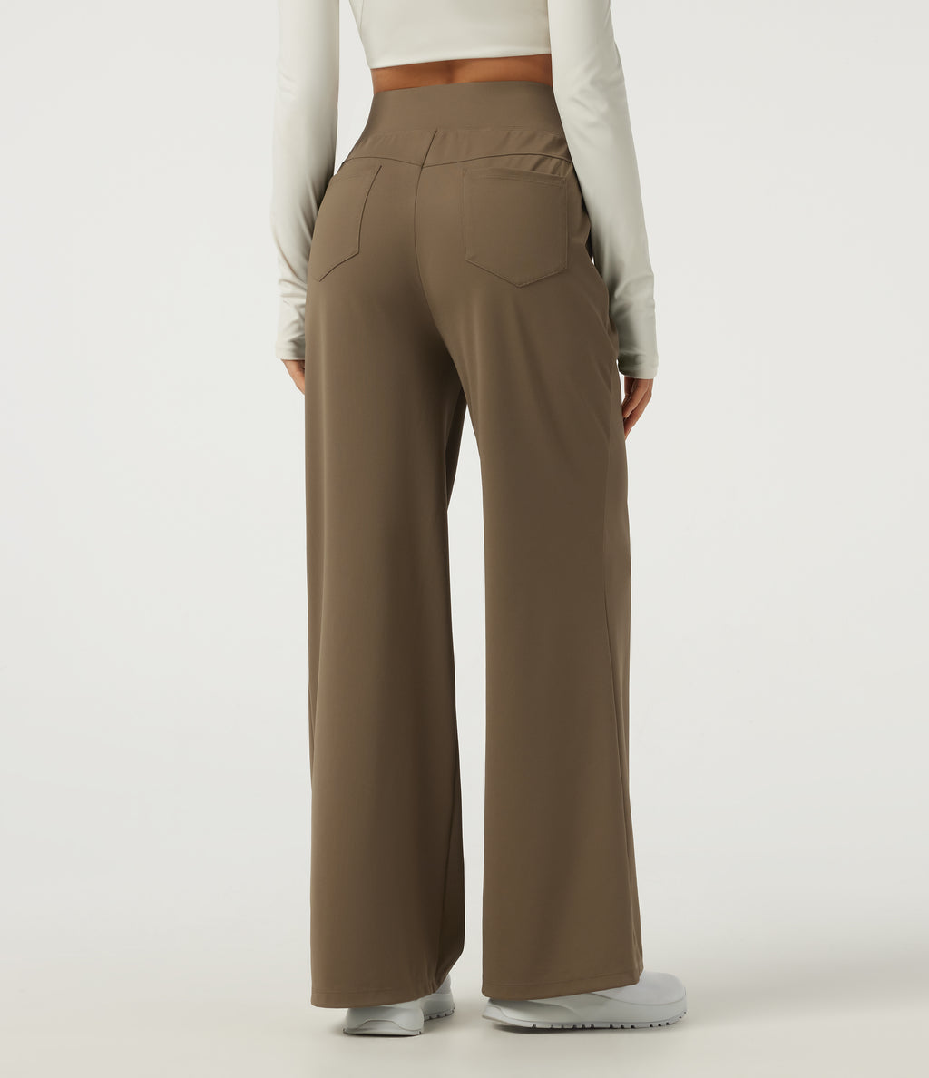 High Waisted Crossover Pintuck Wide Leg Quick Dry Golf Trousers with Pockets-Golf Tee-UPF40+ — Shitake — view 2