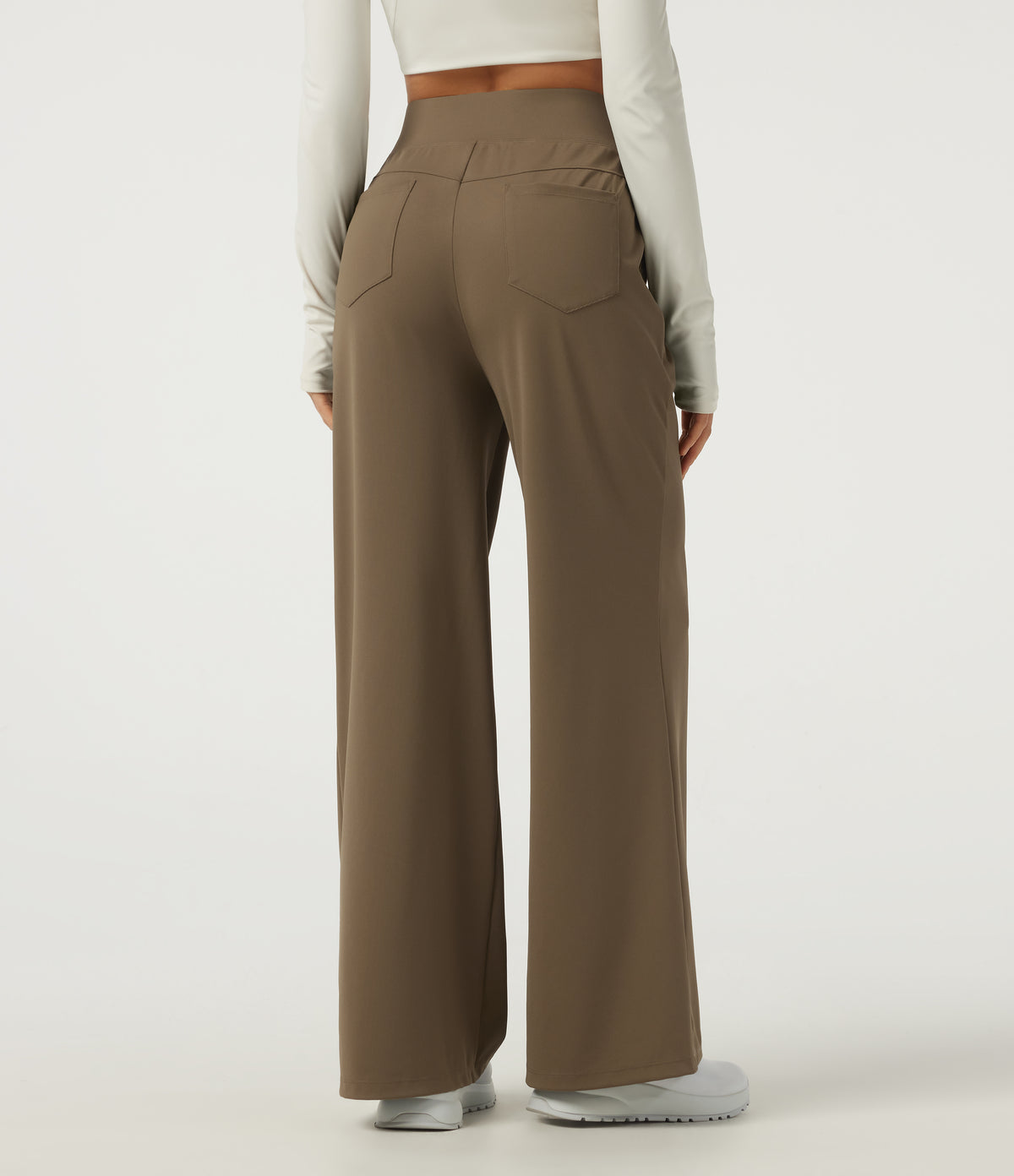 High Waisted Crossover Pintuck Wide Leg Quick Dry Golf Trousers with Pockets-Golf Tee-UPF40+ — Shitake — view 2