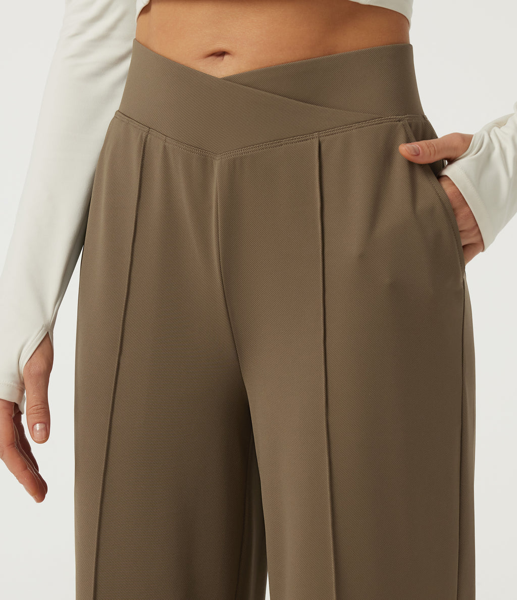 High Waisted Crossover Pintuck Wide Leg Quick Dry Golf Trousers with Pockets-Golf Tee-UPF40+ — Shitake — view 5