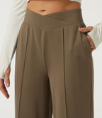 High Waisted Crossover Pintuck Wide Leg Quick Dry Golf Trousers with Pockets-Golf Tee-UPF40+ — Shitake — view 5