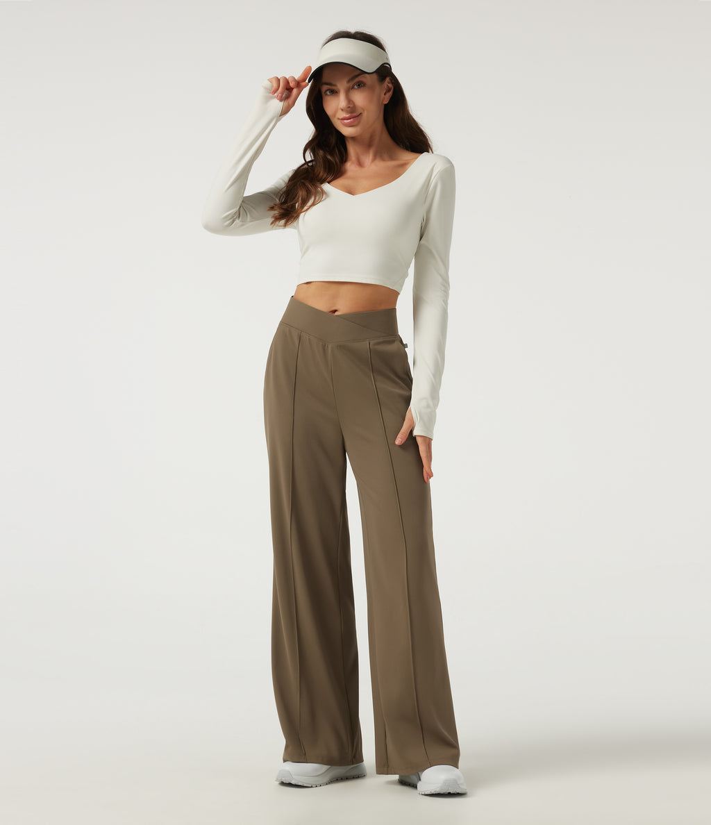 High Waisted Crossover Pintuck Wide Leg Quick Dry Golf Trousers with Pockets-Golf Tee-UPF40+ — Shitake — view 7