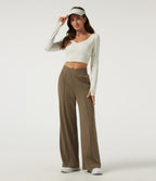 High Waisted Crossover Pintuck Wide Leg Quick Dry Golf Trousers with Pockets-Golf Tee-UPF40+ — Shitake — view 7