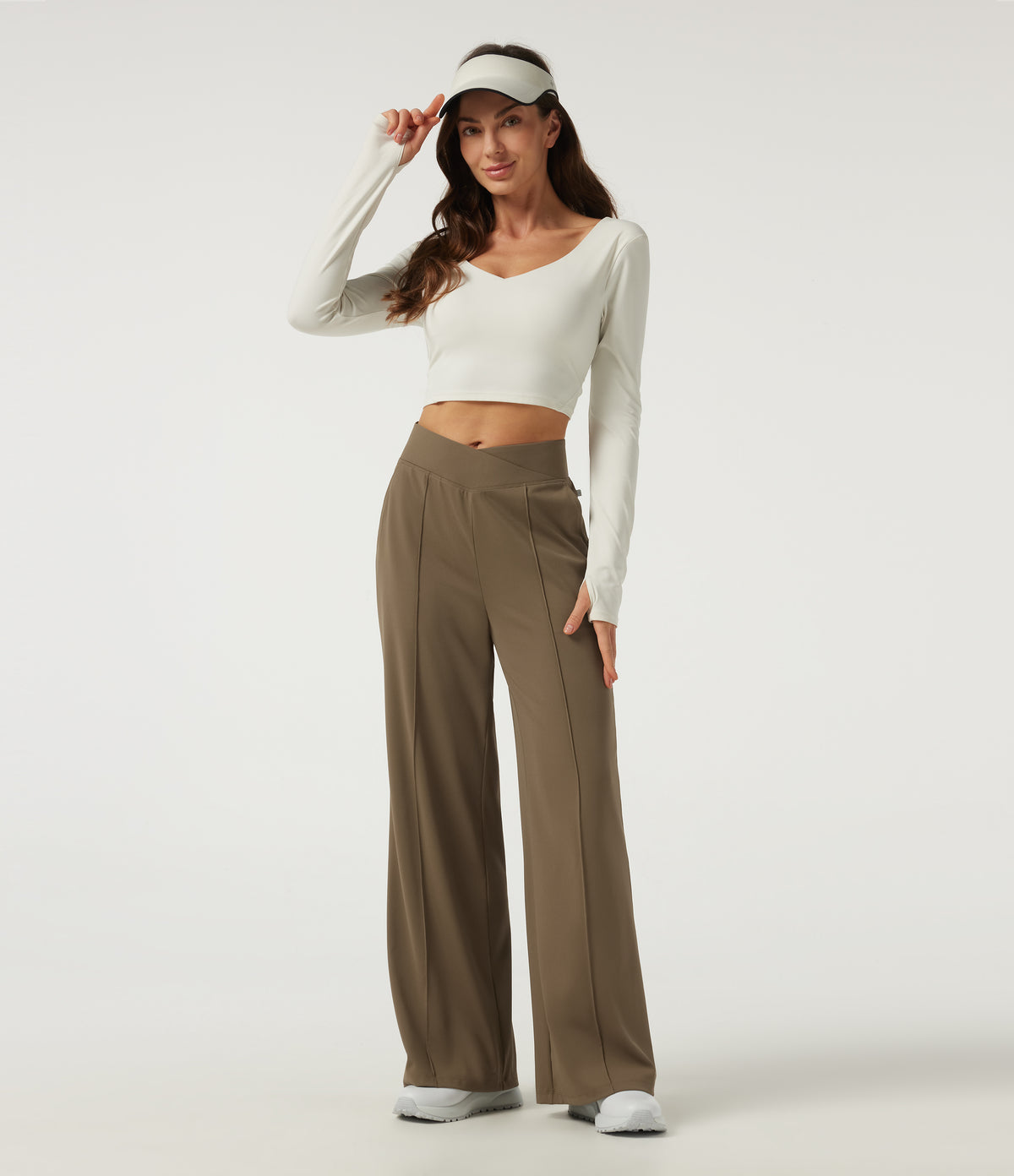High Waisted Crossover Pintuck Wide Leg Quick Dry Golf Trousers with Pockets-Golf Tee-UPF40+ — Shitake — view 7
