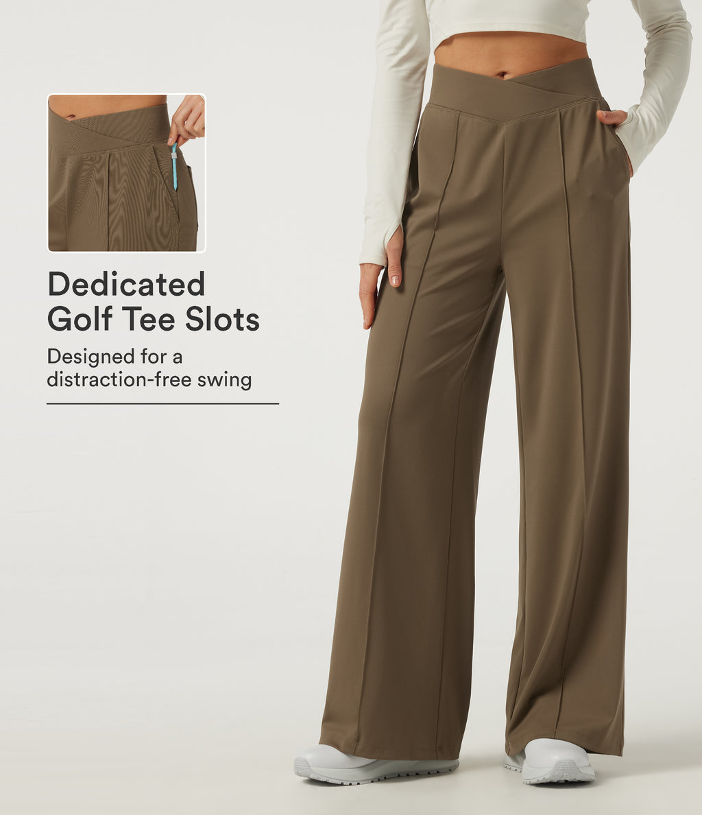 High Waisted Crossover Pintuck Wide Leg Quick Dry Golf Trousers with Pockets-Golf Tee-UPF40+ — Shitake — view 1