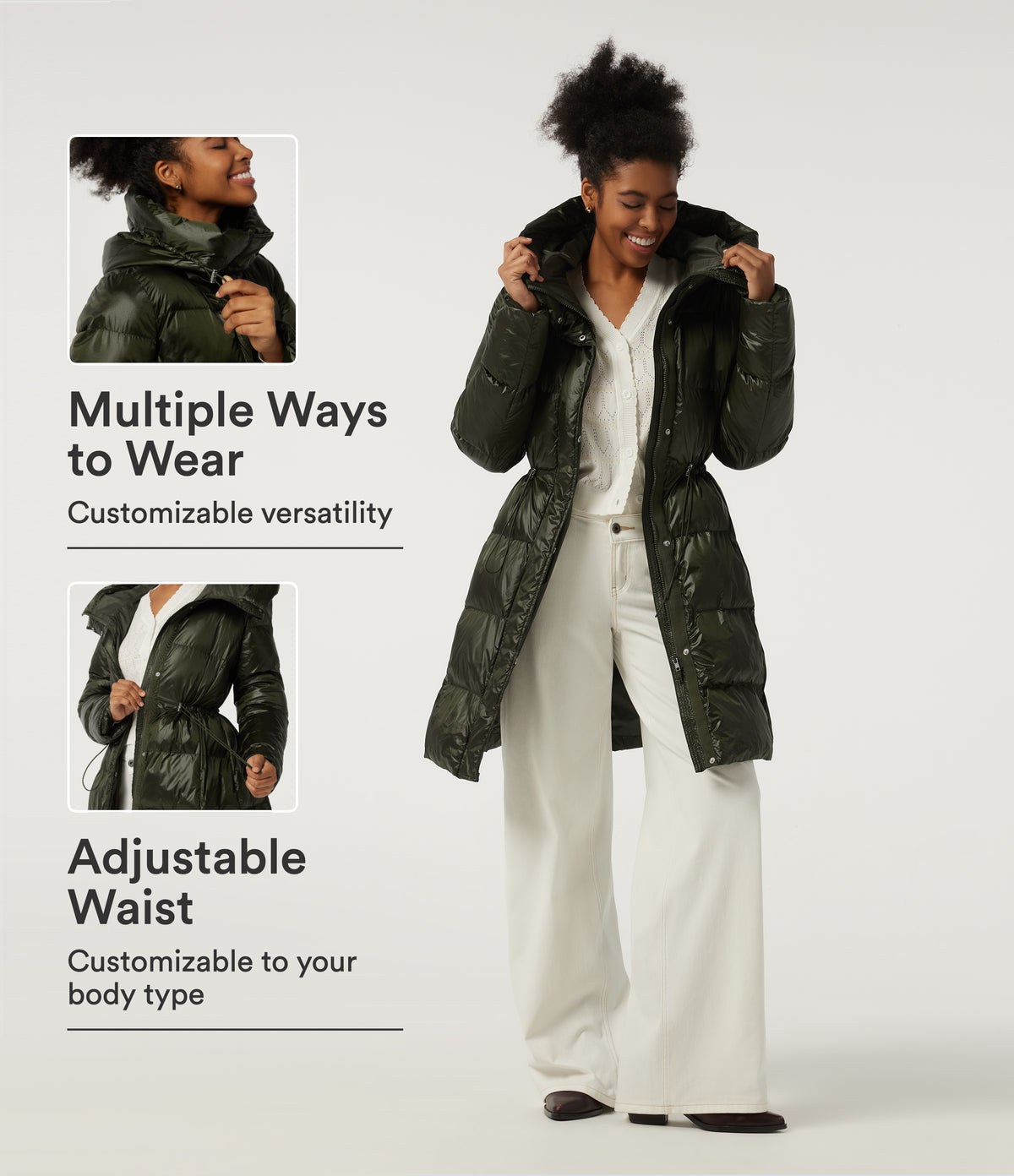 Hooded Long Sleeve Quilted Puffer Work Padded Jacket with Pockets — Shadow Fern — view 1