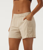 Low Rise Straight Leg Casual Stretch Linen Shorts 5" with Pockets — Oatfield Cream — view 3
