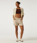 Low Rise Straight Leg Casual Stretch Linen Shorts 5" with Pockets — Oatfield Cream — view 6