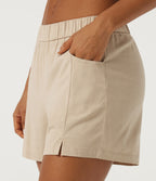 Low Rise Straight Leg Casual Stretch Linen Shorts 5" with Pockets — Oatfield Cream — view 4