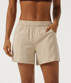 Low Rise Straight Leg Casual Stretch Linen Shorts 5" with Pockets — Oatfield Cream — view 1