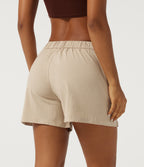Low Rise Straight Leg Casual Stretch Linen Shorts 5" with Pockets — Oatfield Cream — view 2