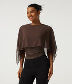 Round Neck Flounce Half Sleeve 2-in-1 Ruched Asymmetrical Hem Work Blouse — Hot Fudge — view 4